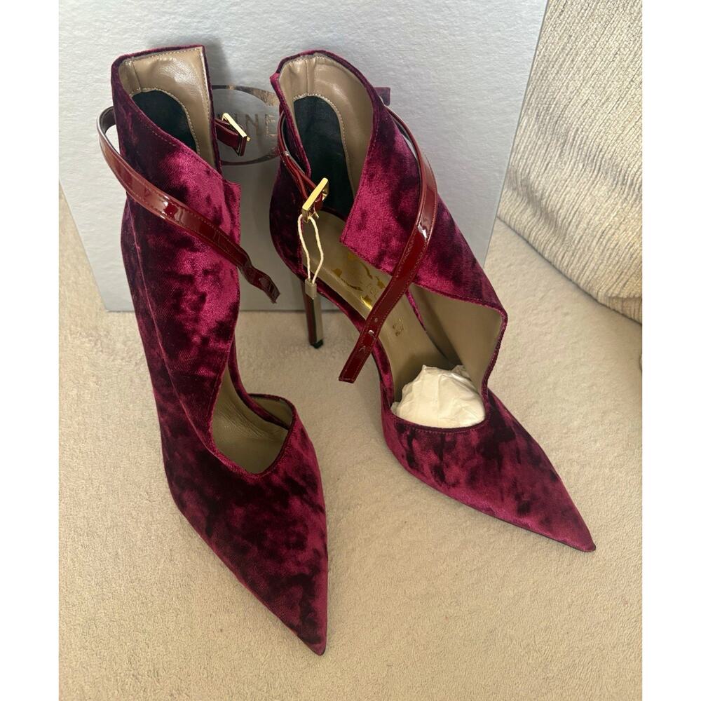 Divine Follie Burgundy Velvet/Patent Pointed Toe Ankle Strap Stiletto EU 39 US 8